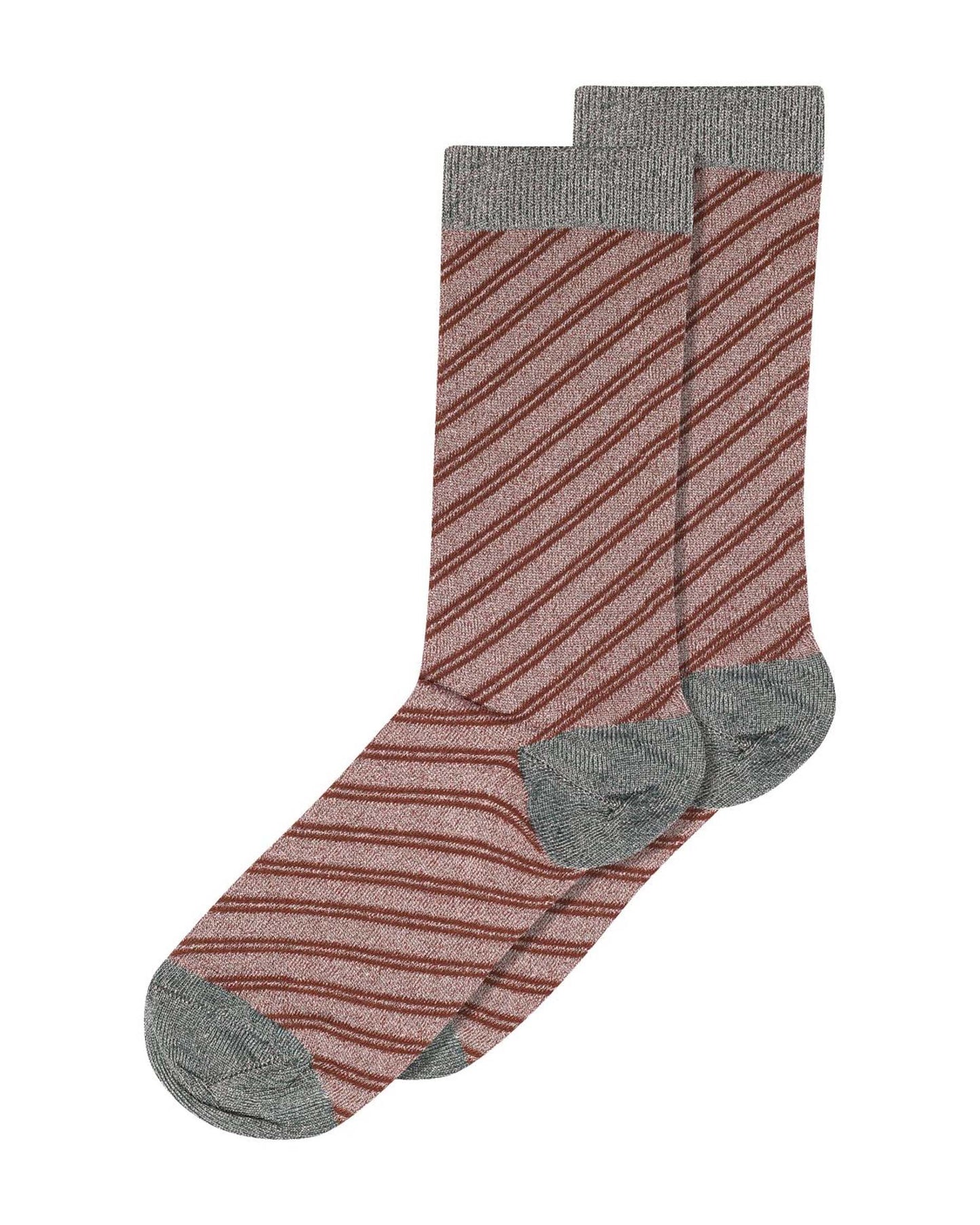 MP Denmark Elise Glitter Sock - Pale pink and grey sparkly lamé fashion ankle socks with a diagonal candy stripe style pattern, contrasting cuff, heal and toe.