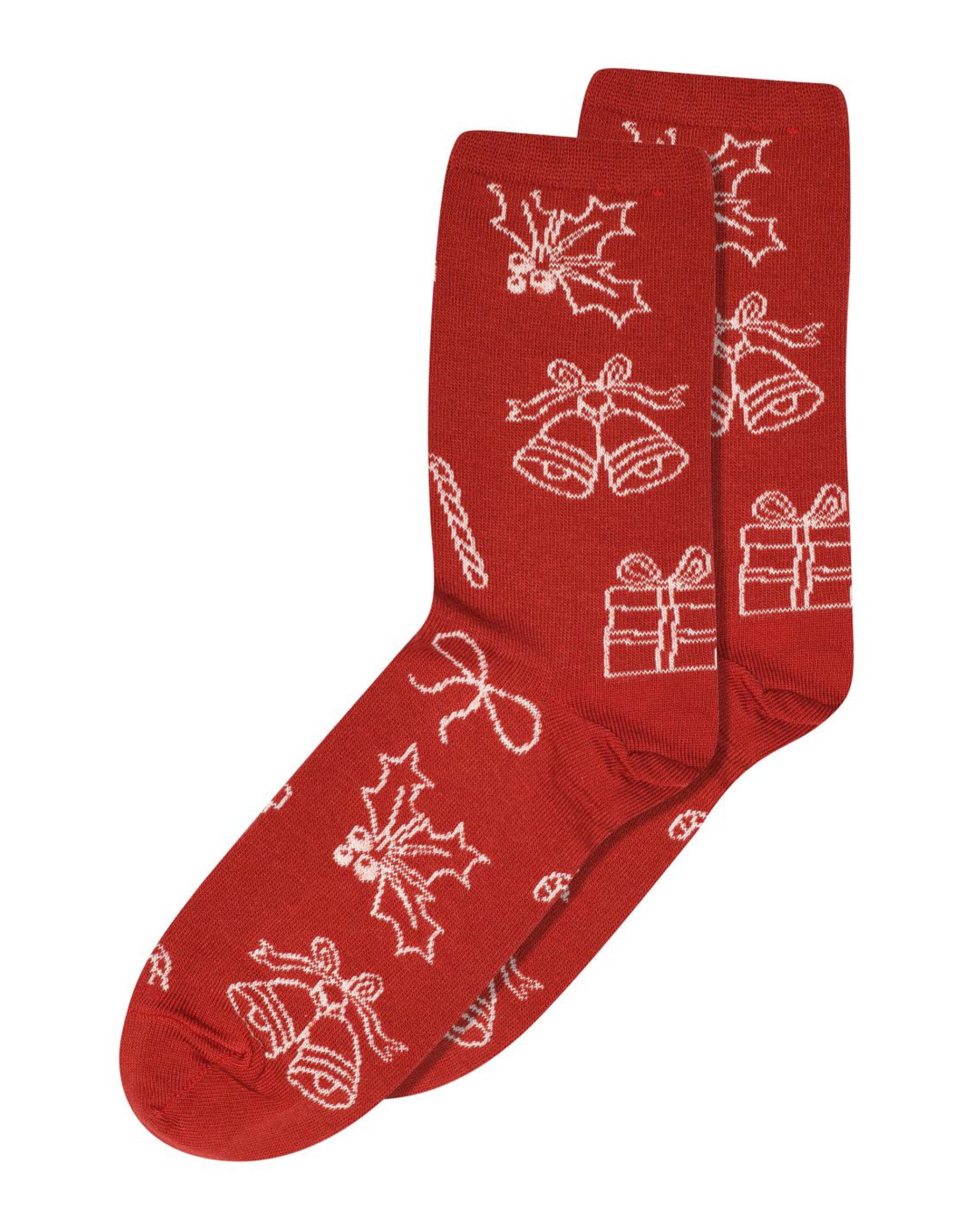 MP Denmark Noel Sock - Dark red cotton crew length ankle socks with a Christmas themed pattern of holly, bells, gift boxes and bows.