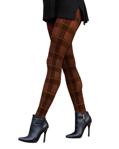 Omero Tartan 50 Collant - Brown opaque fashion tights with a black woven tartan style pattern.