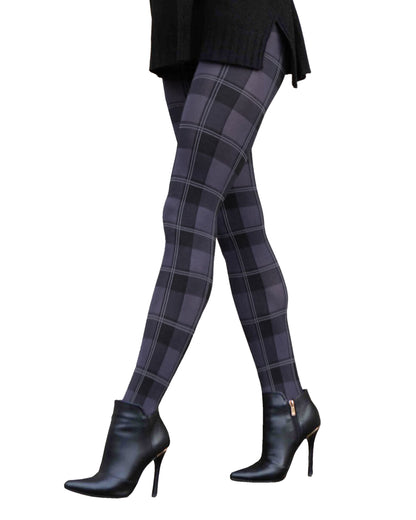 Omero Tartan 50 Collant - Grey opaque fashion tights with a black woven tartan style pattern.