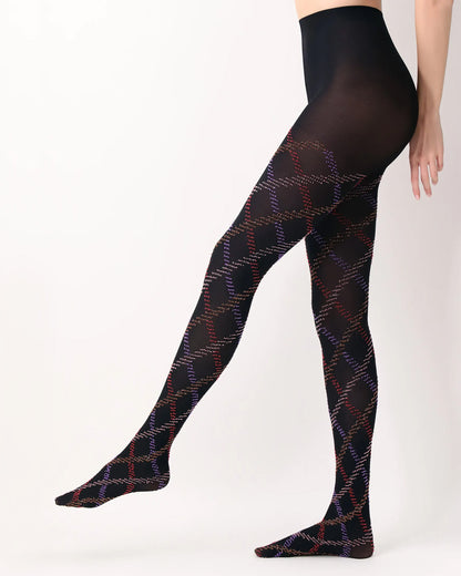 Oroblù Fur Tartan Tights - Black opaque fashion tights with a textured diamond tartan style pattern in purple, red, pale pink and gold, boxer top brief and gusset. Side view.