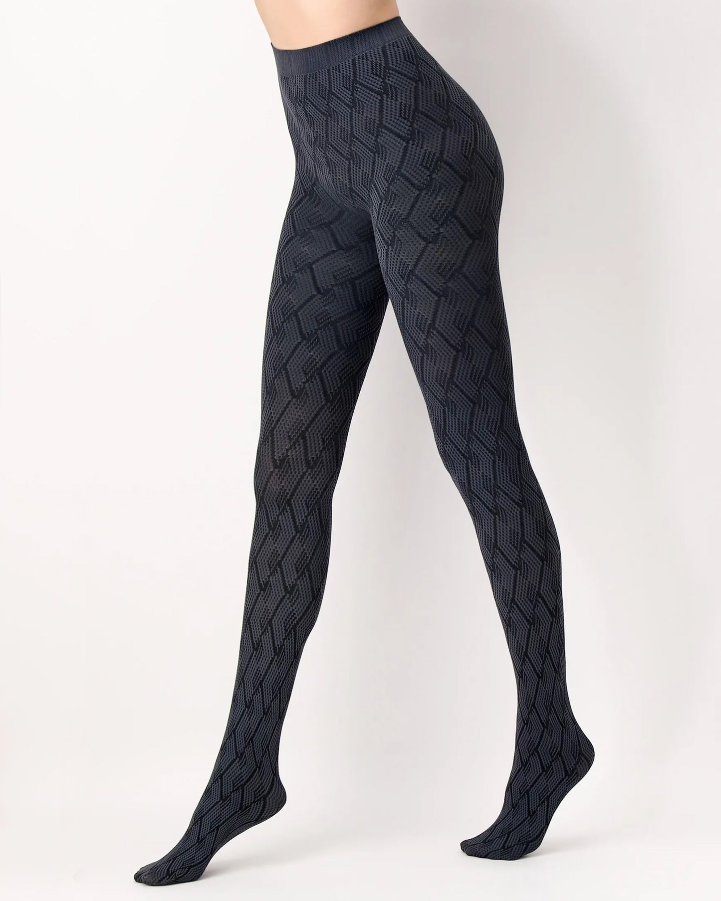 Oroblù Jaquard Tights - Grey opaque fashion tights with a darker grey zig-zag linear diamond style pattern in a darker tone, gusset and soft elasticated waist band. Side view.