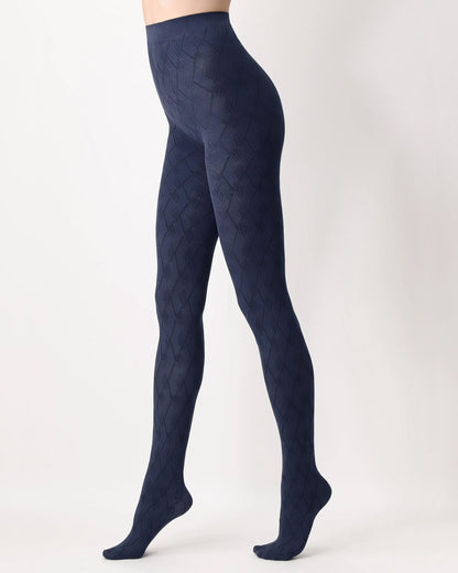 Oroblù Jaquard Tights - Light navy blue opaque fashion tights with a zig-zag linear diamond style pattern in a darker tone, gusset and soft elasticated waist band.