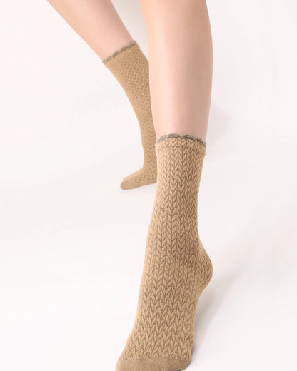 Oroblù Shiny Tweed Sock - Beige soft viscose mix fashion ankle socks with a textured herringbone style pattern with sparkly lurex and a sparkly scalloped edge cuff.