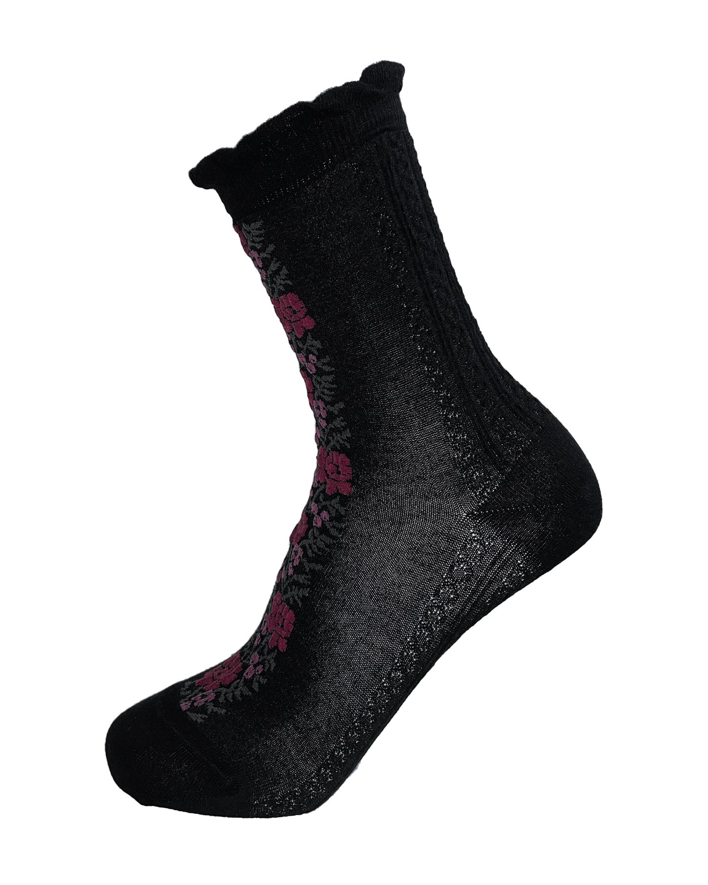 Oroblù Floral Line Sock - Black cotton ankle socks with a floral stripe panel on the front in wine, dirty pink and grey with a frill cuff. Side view.