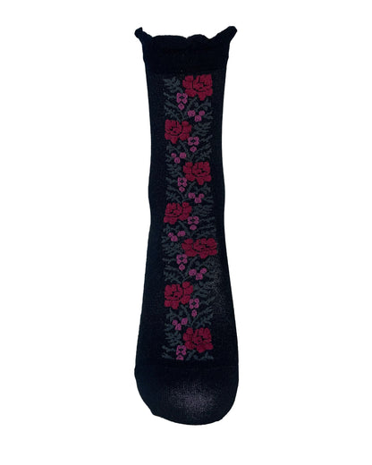 Oroblù Floral Line Sock - Black cotton ankle socks with a floral stripe panel on the front in wine, dirty pink and grey with a frill cuff. Front view.