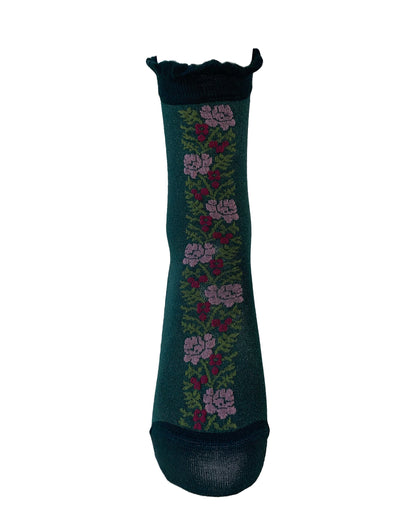 Oroblù Floral Line Sock - Dark green cotton ankle socks with a floral stripe panel on the front in wine, dirty pink and olive green with a frill cuff.