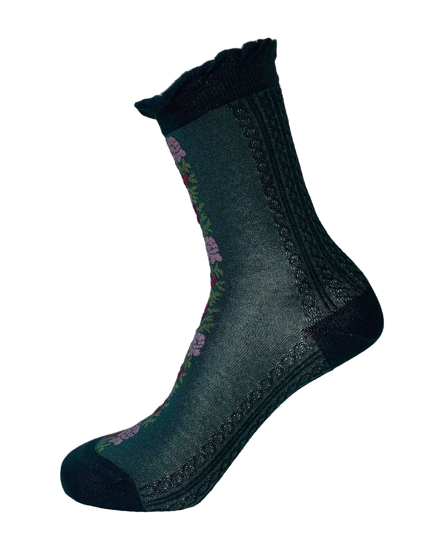 Oroblù Floral Line Sock - Dark green cotton ankle socks with a floral stripe panel on the front in wine, dirty pink and olive green with a frill cuff. Side view.