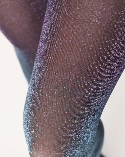 Oroblù Lux Diamonds Tights - Semi opaque purple to navy ombre colour tights with sparkly metallic yarn woven throughout. Close up detail.