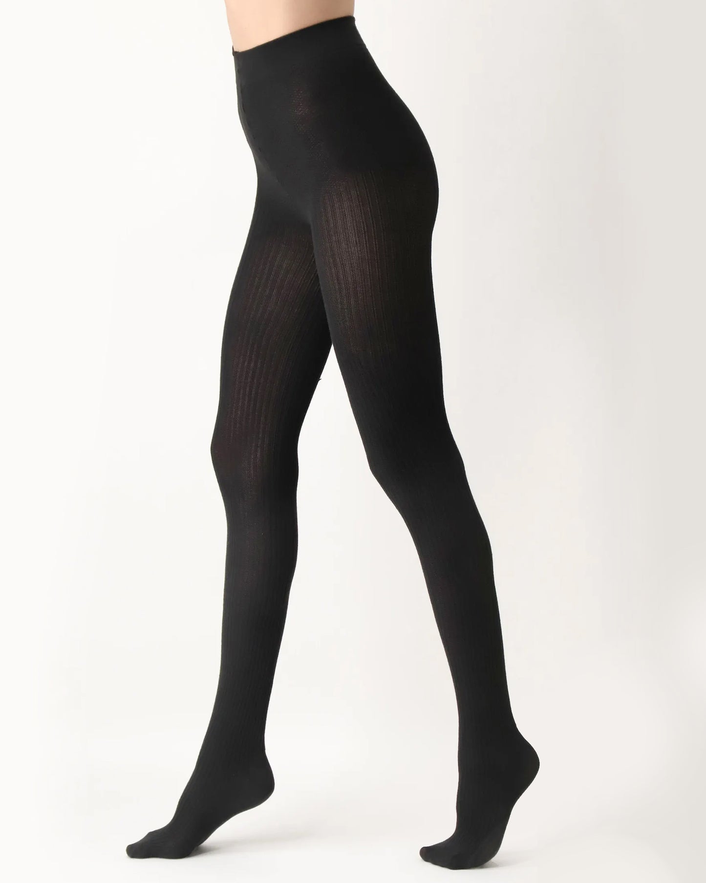 Oroblu Eco Natural Rib Tights - Black ribbed knitted tights made of soft recycled polyester and viscose with built in shoe liner socks.