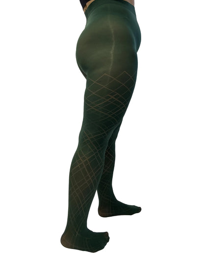 Pamela Mann Curvy Diamond Tights - Dark green opaque plus size fashion tights with a sheer linear plaid style diamond pattern