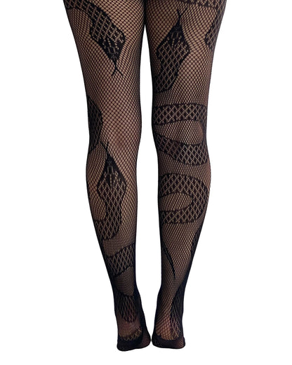 Pamela Mann Snake Net Tights - Black openwork fishnet tights with an all over snake design back view.