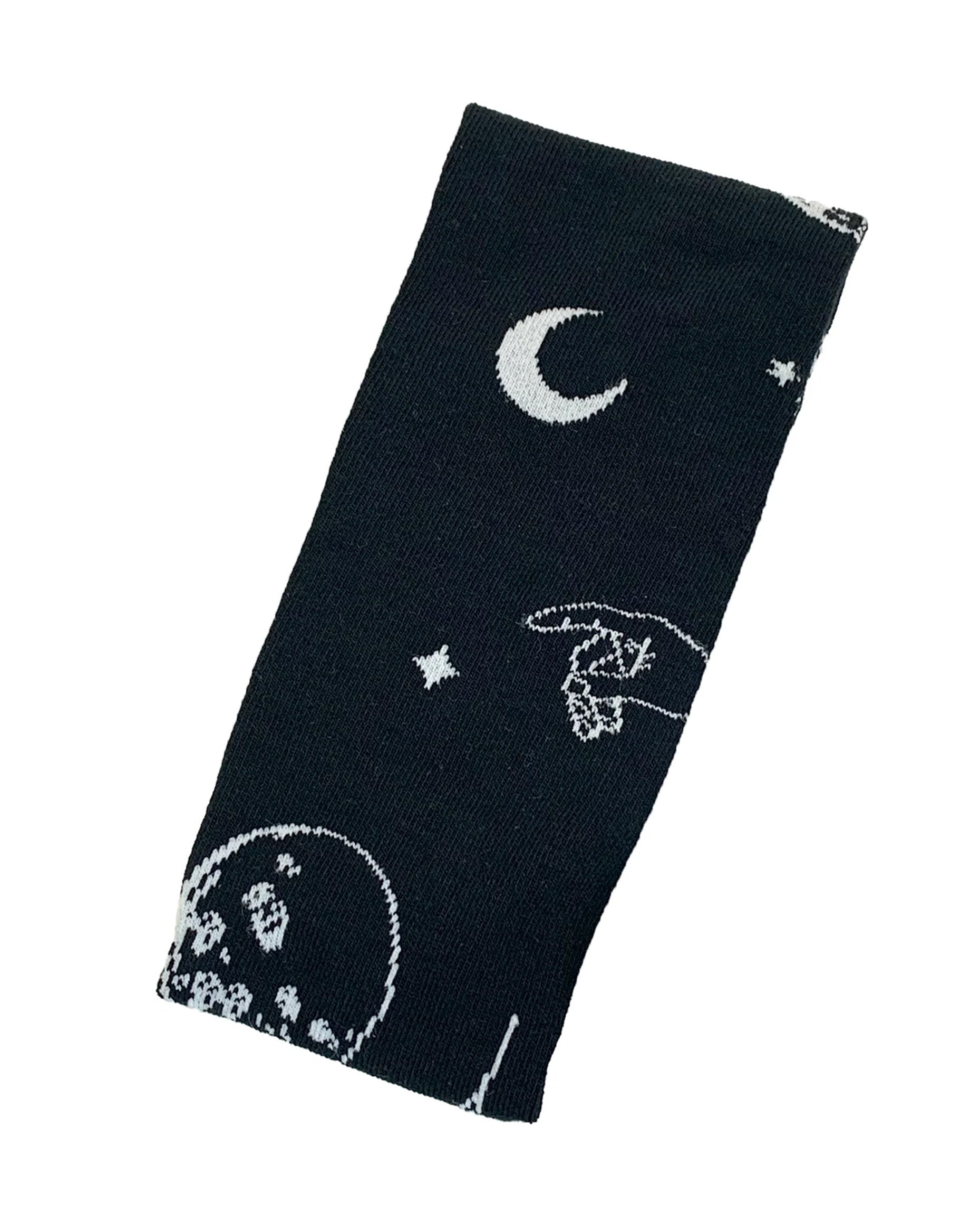 Pamela Mann Astrology Over-Knee Socks - Black cotton otk socks with an all over astrology themed pattern of moons, stars, planets and pointing hands in off white.