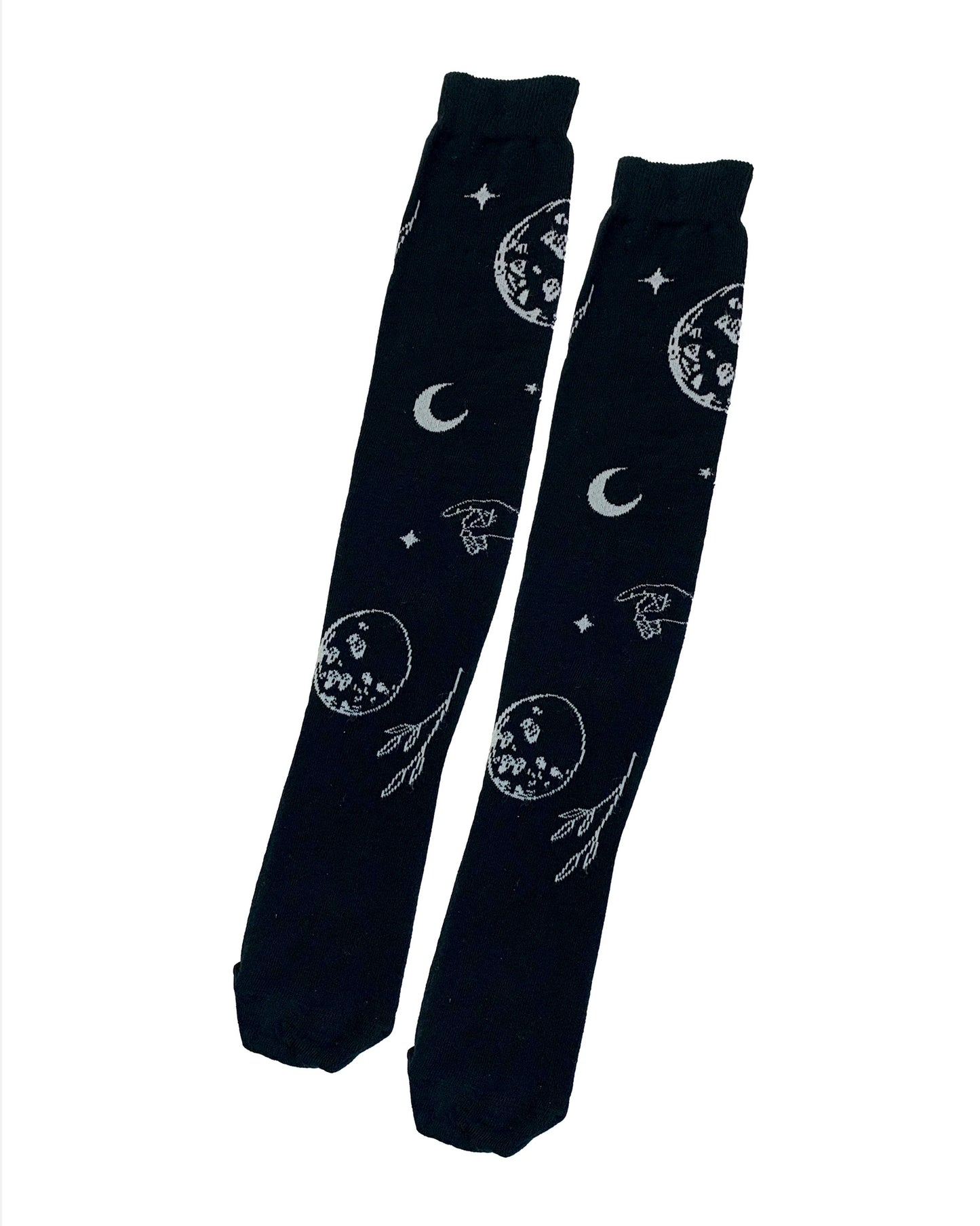 Pamela Mann Astrology Over-Knee Socks - Black cotton otk socks with an all over astrology themed pattern of moons, stars, planets and pointing hands in off white with a deep elasticated cuff.