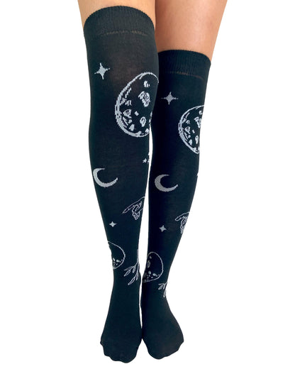 Pamela Mann Astrology Over-Knee Socks - Black cotton otk socks with an all over astrology themed pattern of moons, stars, planets and pointing hands in off white with a deep elasticated cuff.