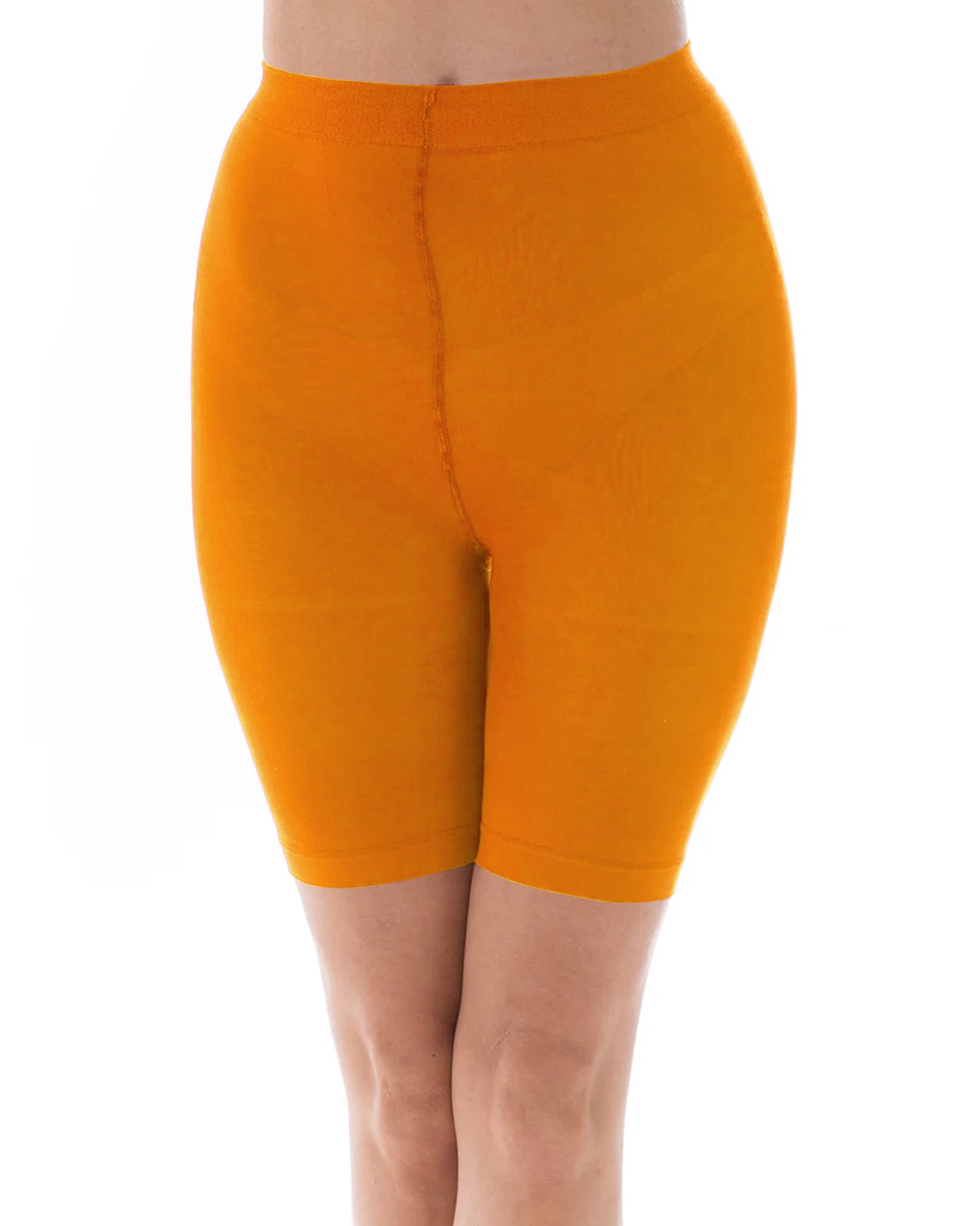 Pamela Mann Orange Comfort Anti-Chafing Shorts - Soft matte opaque knee length biker short tights with hygienic gusset, flat seams and deep waistband and cuffs.