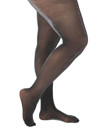 Pamela Mann Curvy Glitter Tights - Black super stretch curvy plus size tights with silver lamé woven throughout, side view.