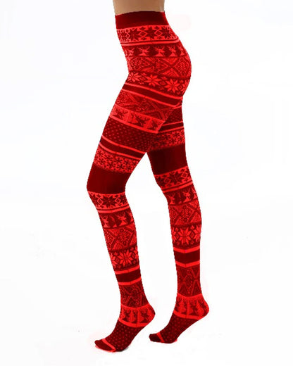 Pamela Mann Fairisle Tights - White semi-opaque tights with a black and red fairisle or Nordic style print pattern of reindeers and snowflakes. Perfect for Christmas.