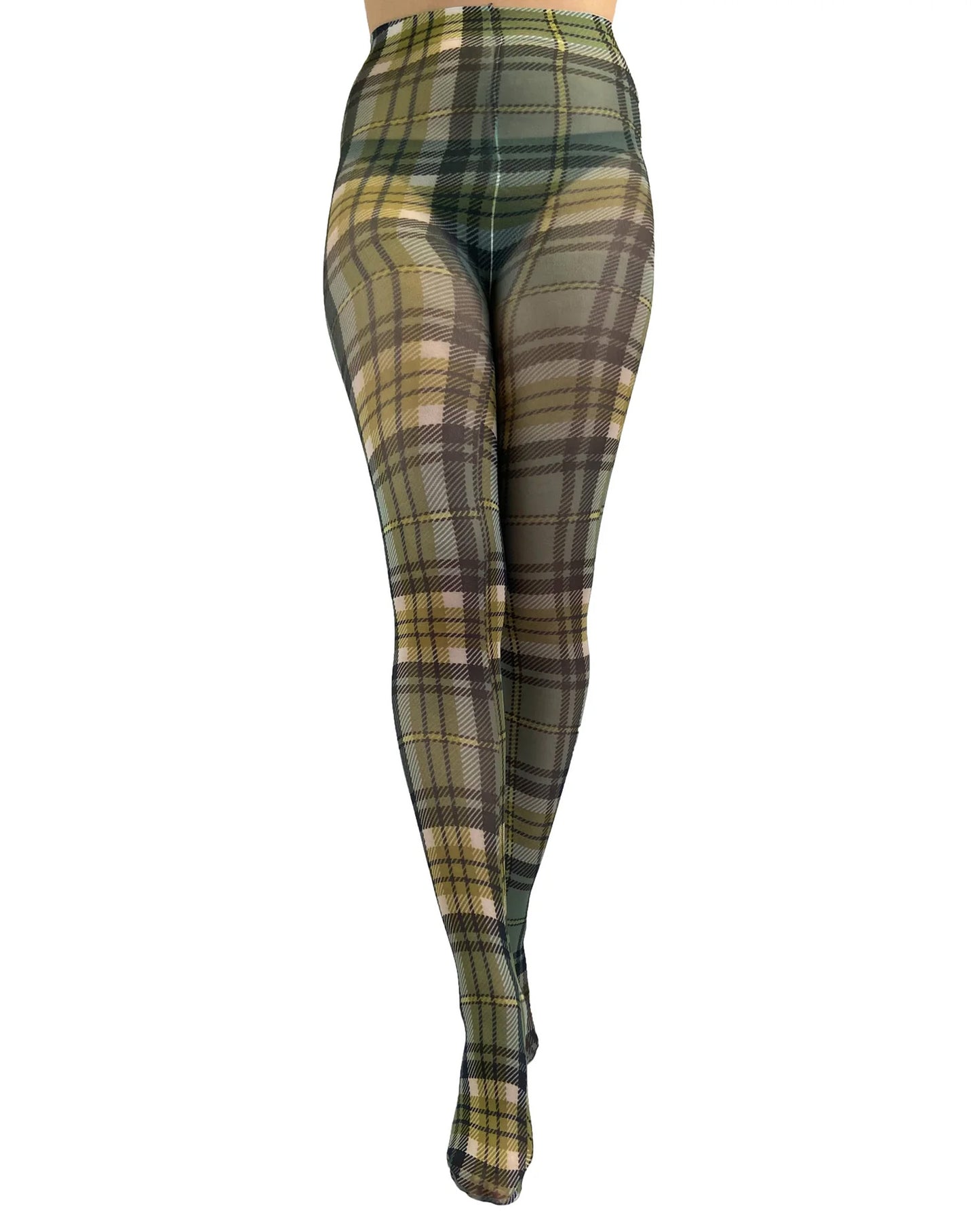 Pamela Mann Green Tartan Tights - White opaque fashion fishnet tights with a printed green tartan pattern.