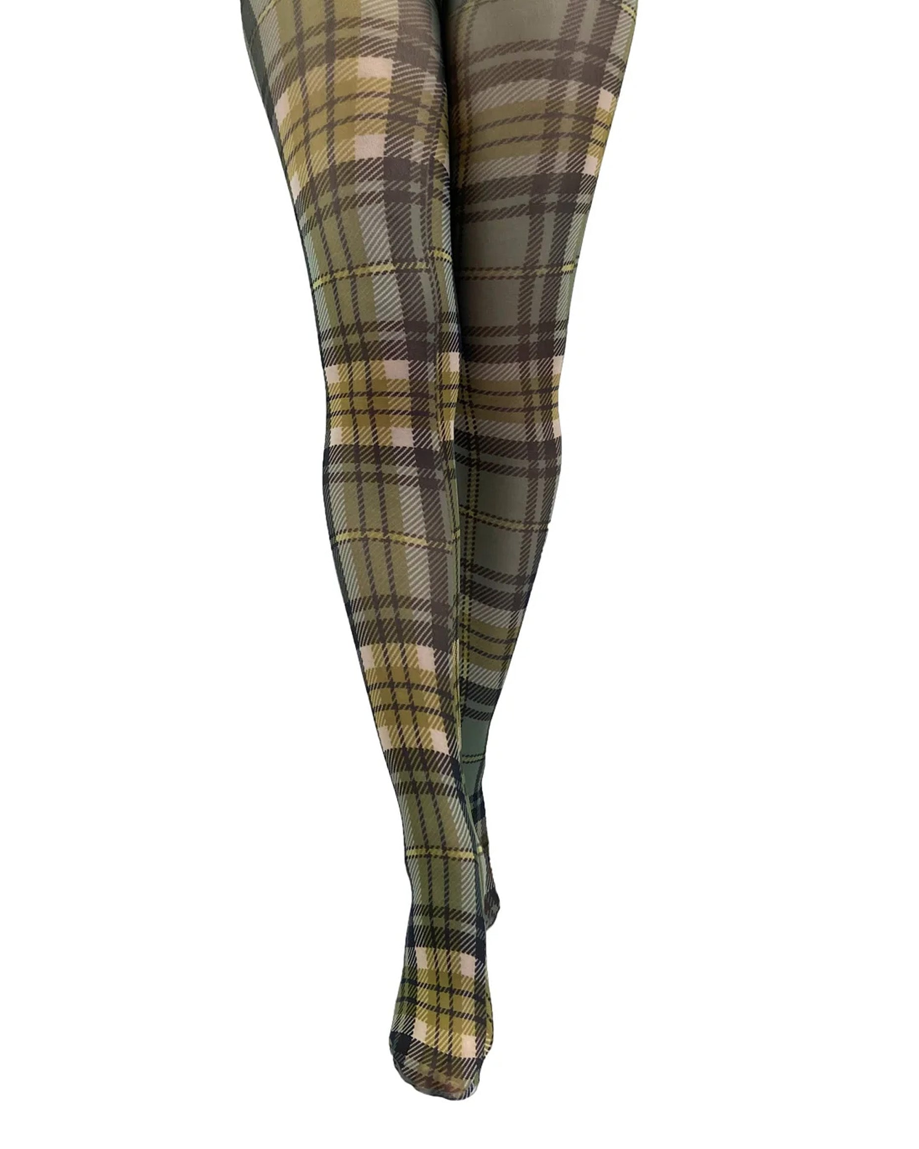 Pamela Mann Green Tartan Tights - White opaque fashion fishnet tights with a printed green plaid pattern.