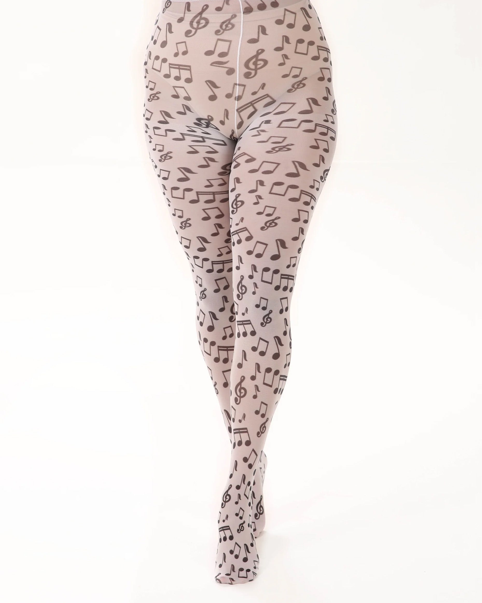 Pamela Mann Musical Notes Print Tights - White opaque tights with an all black music notes print pattern.