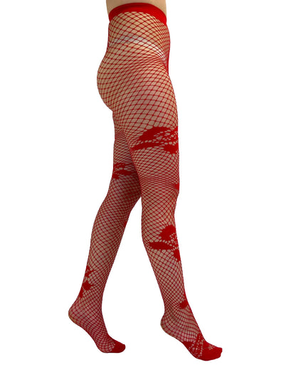 Pamela Mann Dancing Girl Red Tights - Red fishnet lace style tights with big rose style design placed all over.