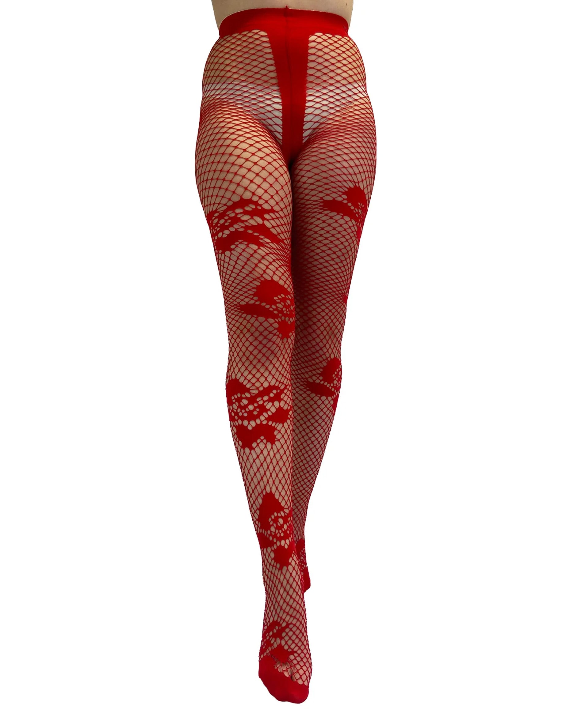 Pamela Mann Dancing Girl Red Tights - Red fishnet lace style tights with big rose style design placed all over.