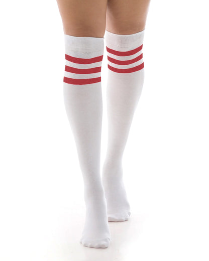 Pamela Mann Referee Over The Knee Socks - white cotton thigh high socks with 3 red stripes