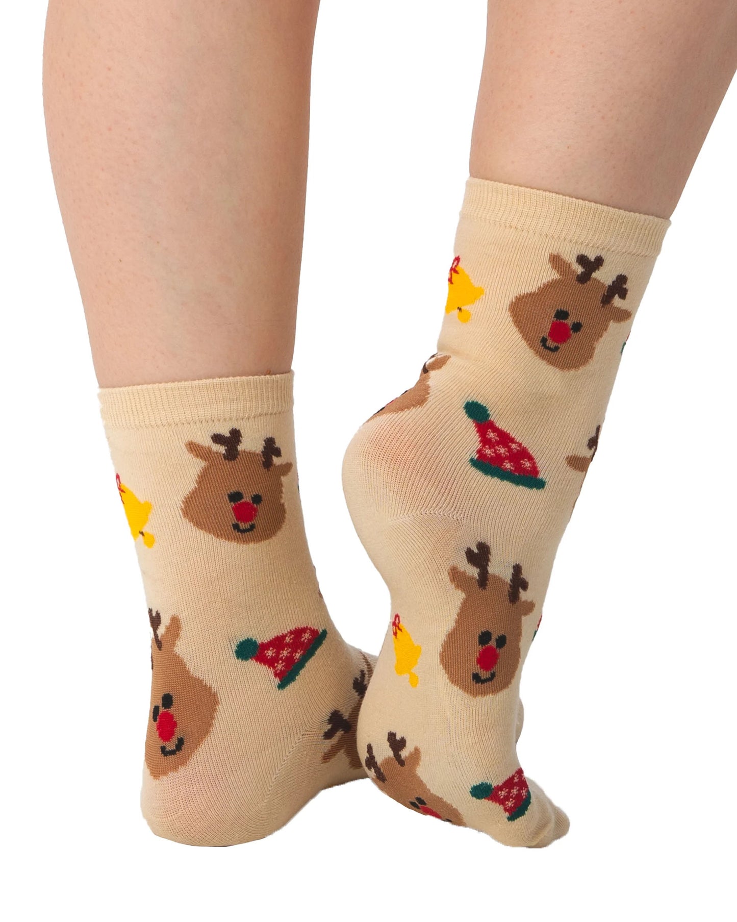 Pamela Mann Rudolph Sock - Light beige coloured cotton mixed ankle socks with red nosed reindeers, bells and elf hats pattern.