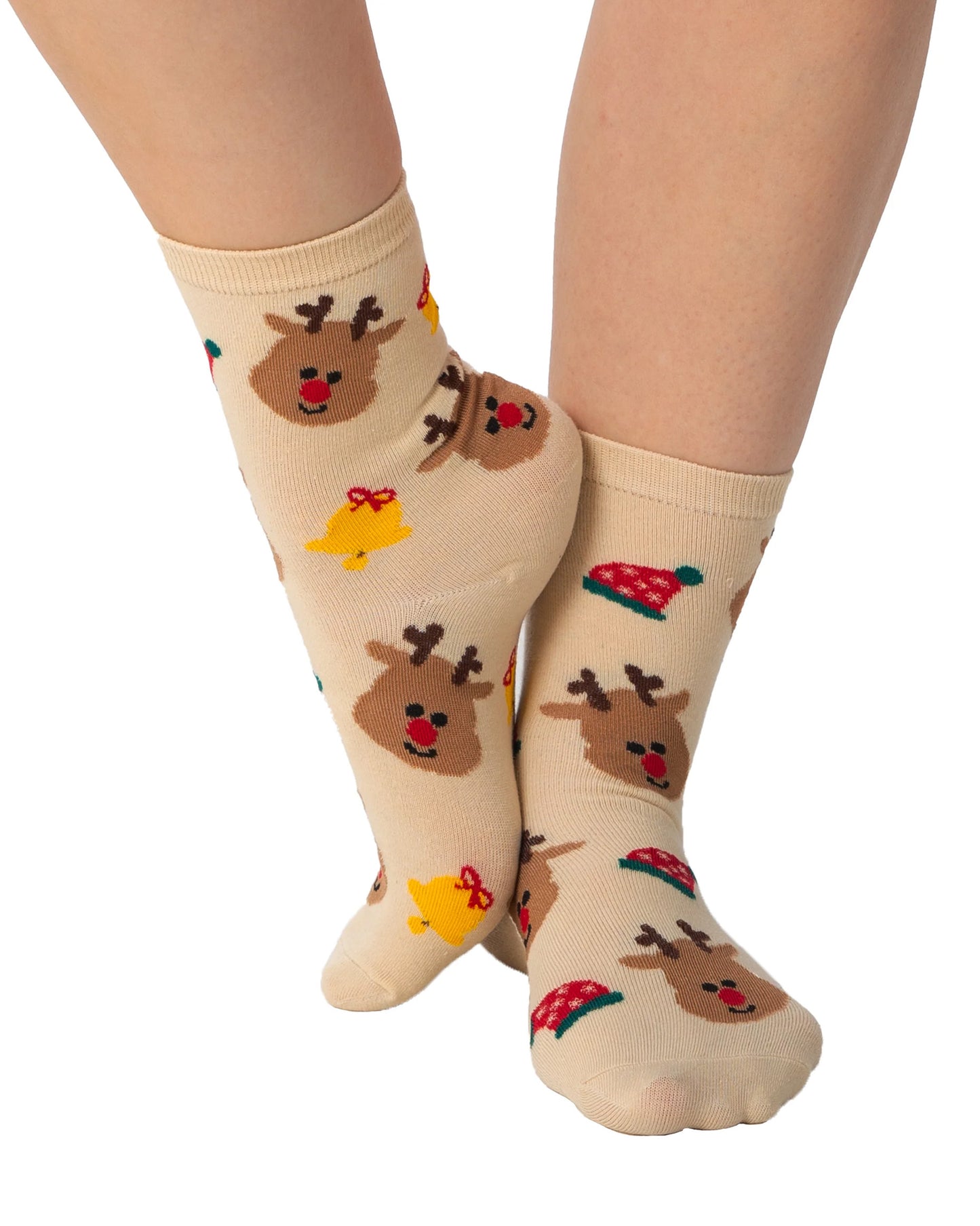 Pamela Mann Rudolph Sock - Light beige coloured cotton mixed ankle socks with reindeers, bells and elf hats pattern.