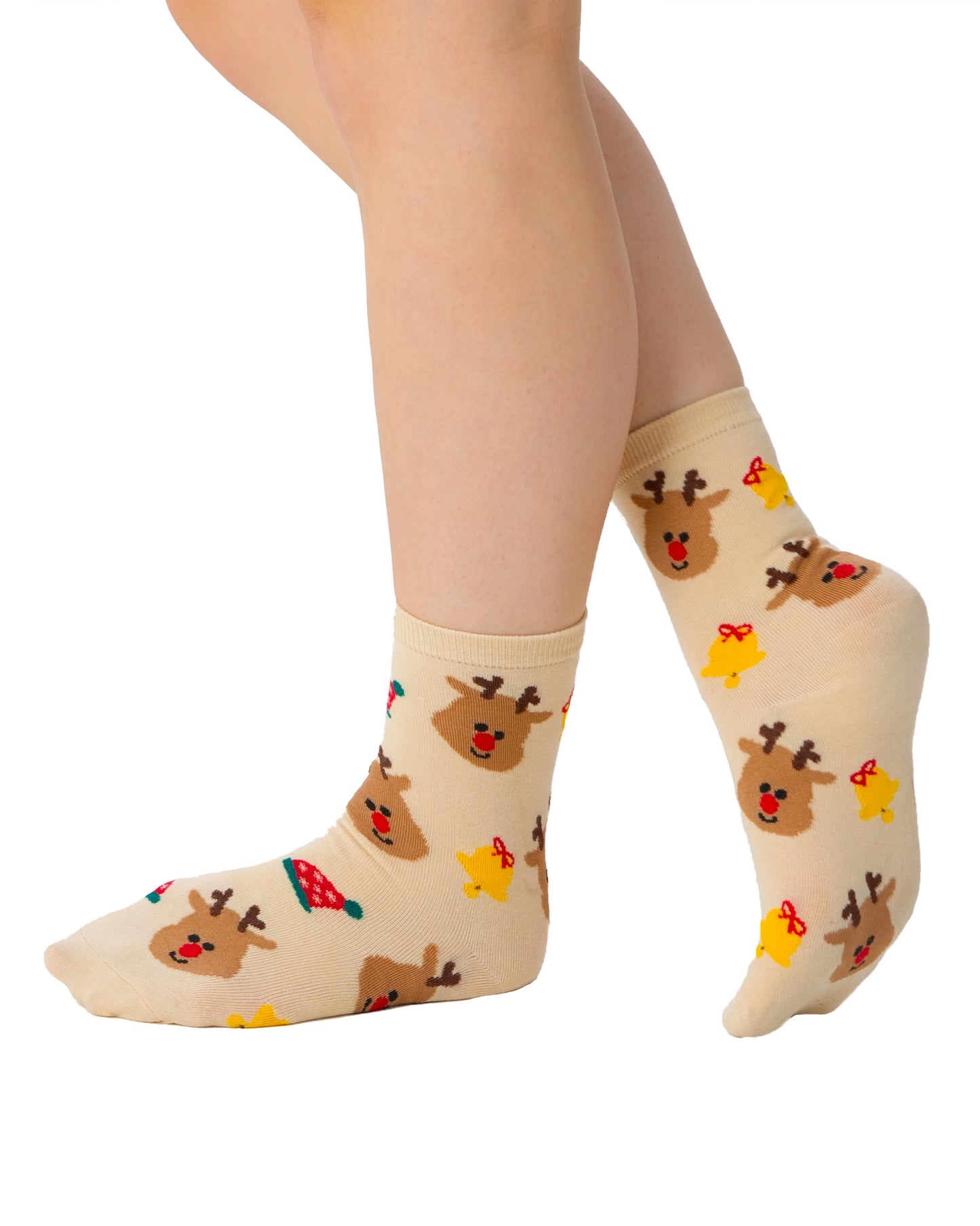 Pamela Mann Rudolph Sock - Light beige coloured cotton mixed ankle socks with red nosed deer, bells and elf hats pattern.