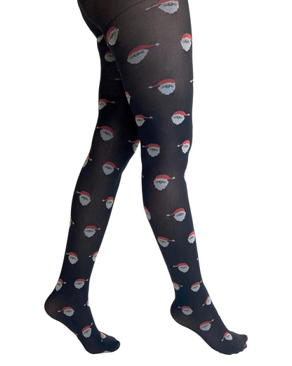 Pamela Mann Santa Tights - Black opaque novelty Christmas tights with an all over woven pattern of Santas. Side view.