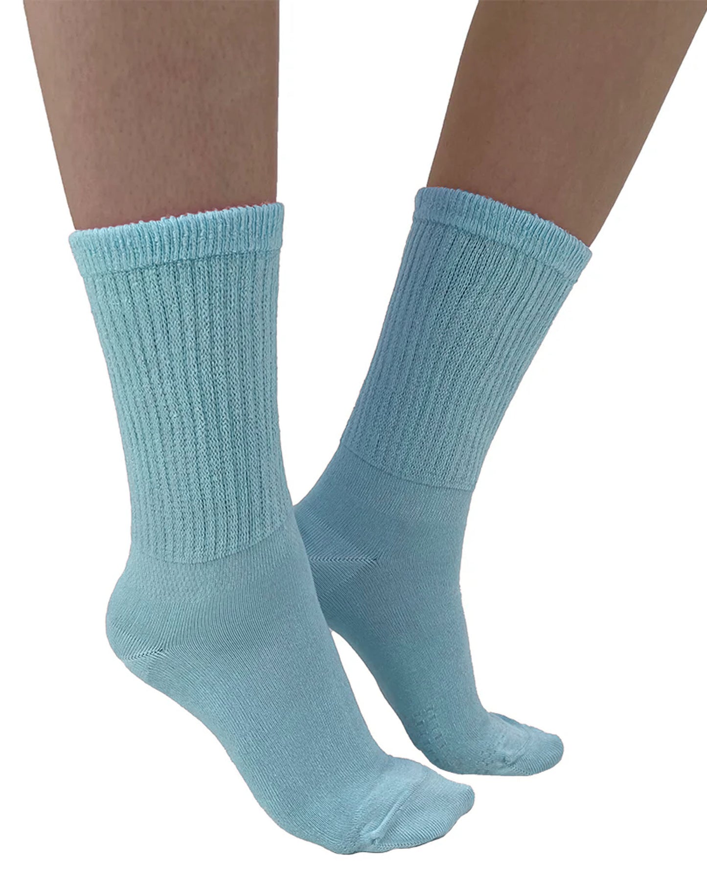 Soft and breathable light blue bamboo slouch socks with a loose knitted rib top, ankle and foot support and flat toe seams.