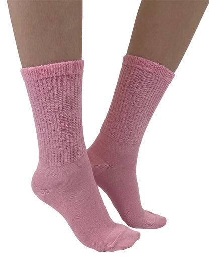 Soft and breathable light pink bamboo slouch socks with a loose knitted rib top, ankle and foot support and flat toe seams.