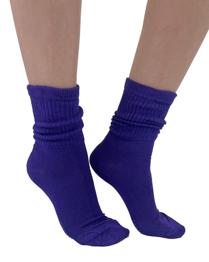 Soft and breathable blue bamboo slouch socks with a loose knitted rib top, ankle and foot support and flat toe seams.