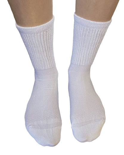 Soft and breathable white bamboo slouch socks with a loose knitted rib top, ankle and foot support and flat toe seams.