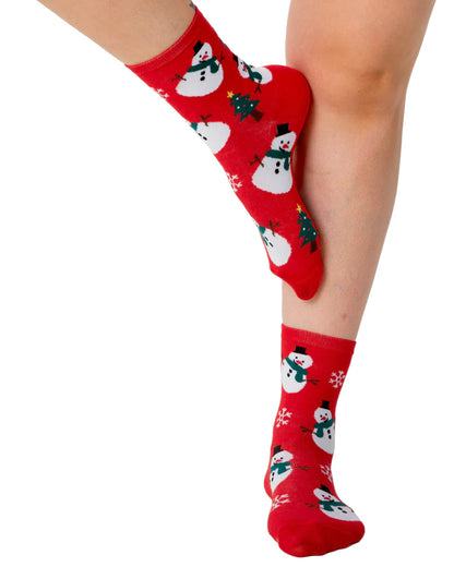 Pamela Mann Snowman Sock - Red cotton mix crew length ankle socks with an all over snowman, snowflakes and Christmas tree pattern.