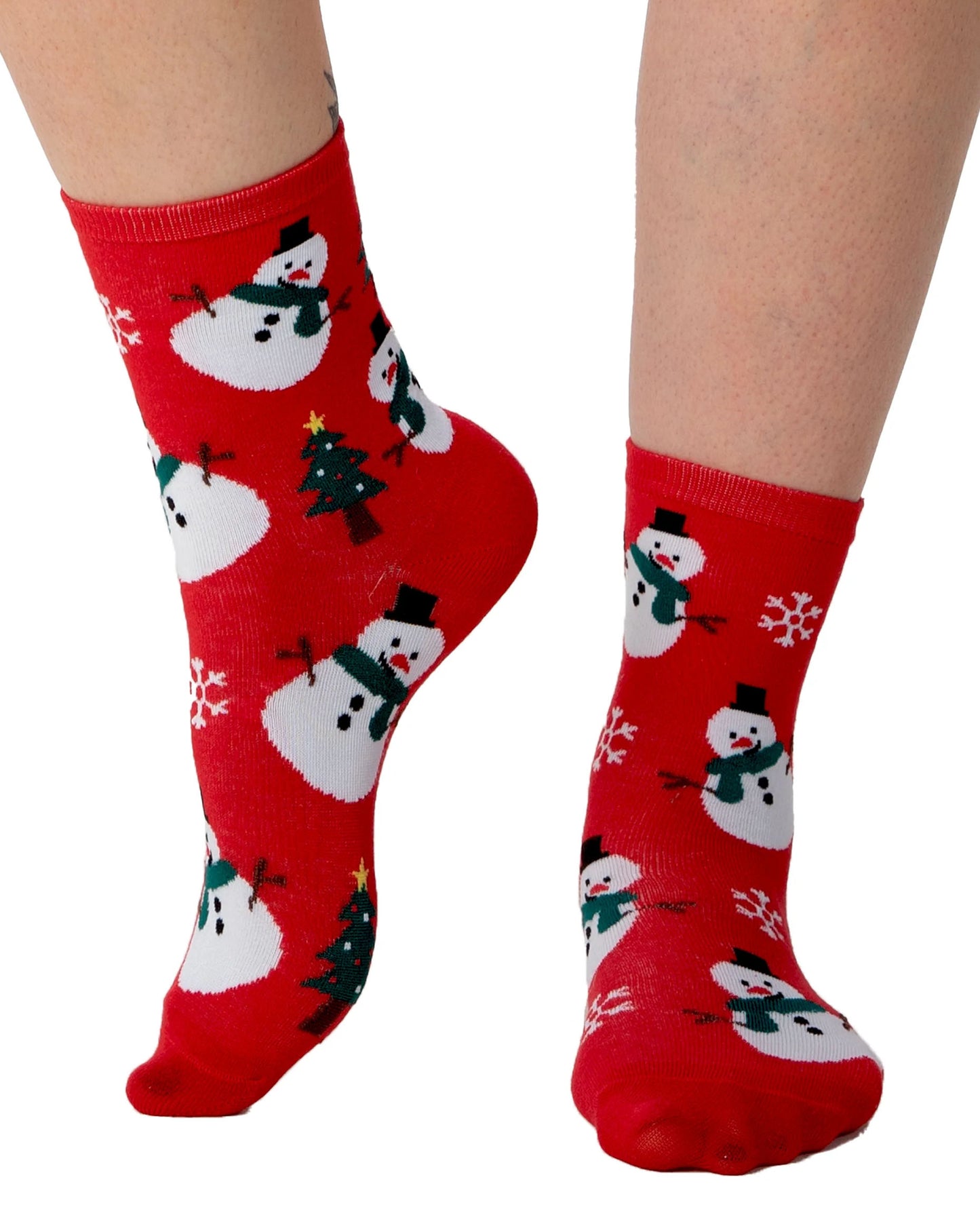 Pamela Mann Snowman Sock - Red cotton mix crew length ankle socks with an all over snowman, snowflakes and Christmas tree pattern.