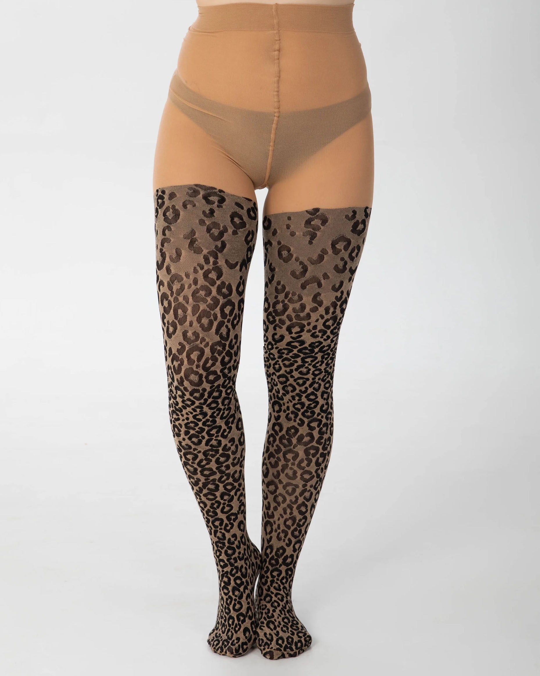 Pamela Mann Woven Leopard Print Tights - Light nude opaque tights with a woven black cheetah print pattern with a plain boxer top.