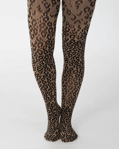 Pamela Mann Woven Leopard Print Tights - Light beige/nude opaque tights with a woven black leopard/cheetah print pattern.