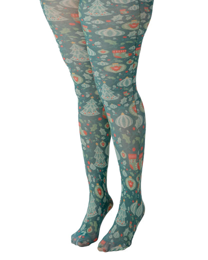 Pamela Mann Christmas Chaos Curvy Tights - White opaque plus size tights with a Christmas themed print of Xmas trees, baubles, stockings &amp; holly in shades of green and red.