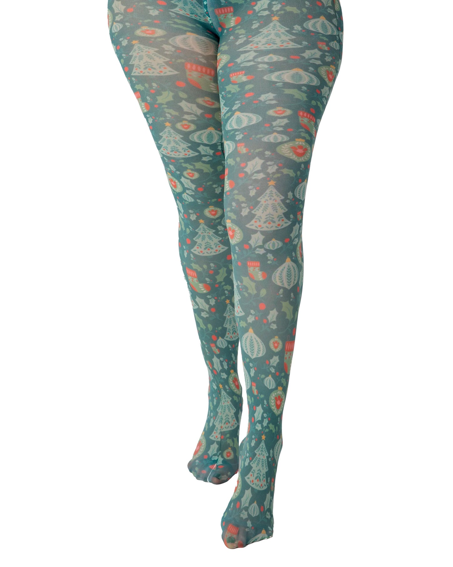 Pamela Mann Christmas Chaos Curvy Tights - White opaque plus size tights with a Christmas themed print of Xmas trees, baubles, stockings & holly in shades of green and red.