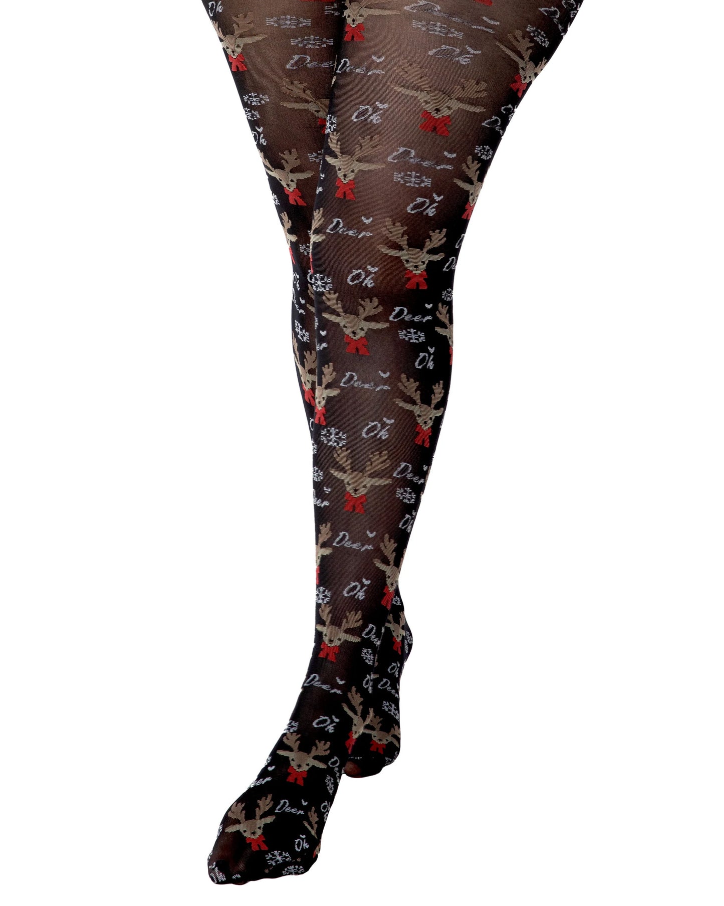 Pamela Mann Rudolph Tights - Black opaque tights with a woven Christmas themed pattern of red nosed reindeers, snowflakes and the text "Oh Deer"