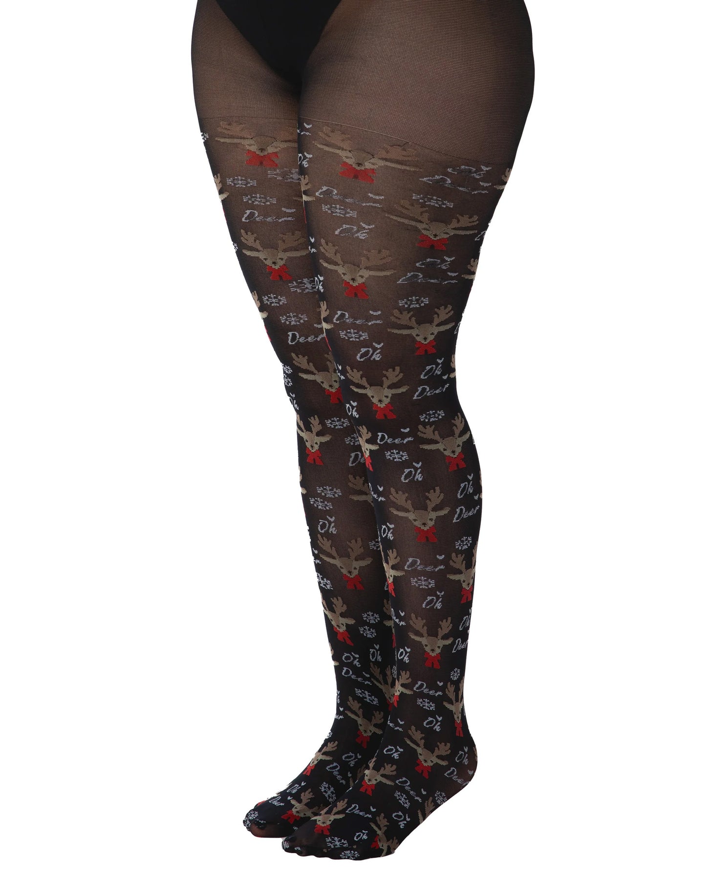 Pamela Mann Rudolph Tights - Black opaque tights with a woven Christmas themed pattern of red nosed reindeers and the text "Oh Deer"