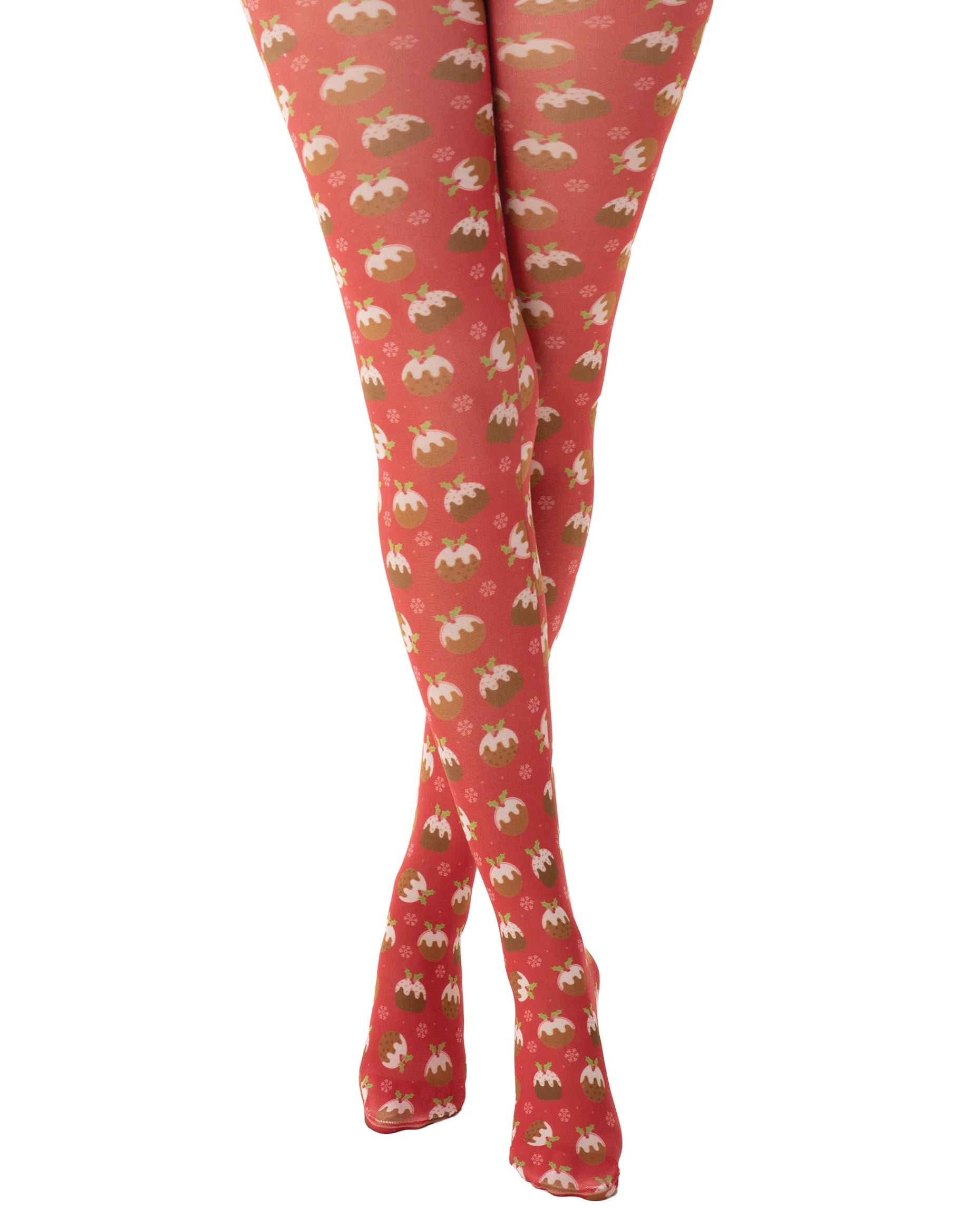 Pamela Mann Christmas Pudding Tights - Printed novelty Xmas tights with an all over Xmas pudding print pattern on a bright red background.