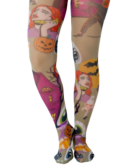 Pamela Mann Cartoon Chaos Printed Tights - White opaque tights with an all over colourful print of Halloween themed illustrations, including pumpkins, bats, cats, eye balls, haunted house etc.