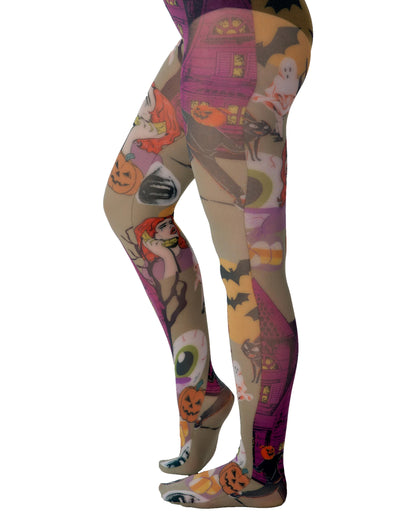 Pamela Mann Cartoon Chaos Printed Tights - White opaque tights with an all over colourful print of Halloween themed illustrations, including pumpkins, bats, cats, eye balls, haunted house etc.