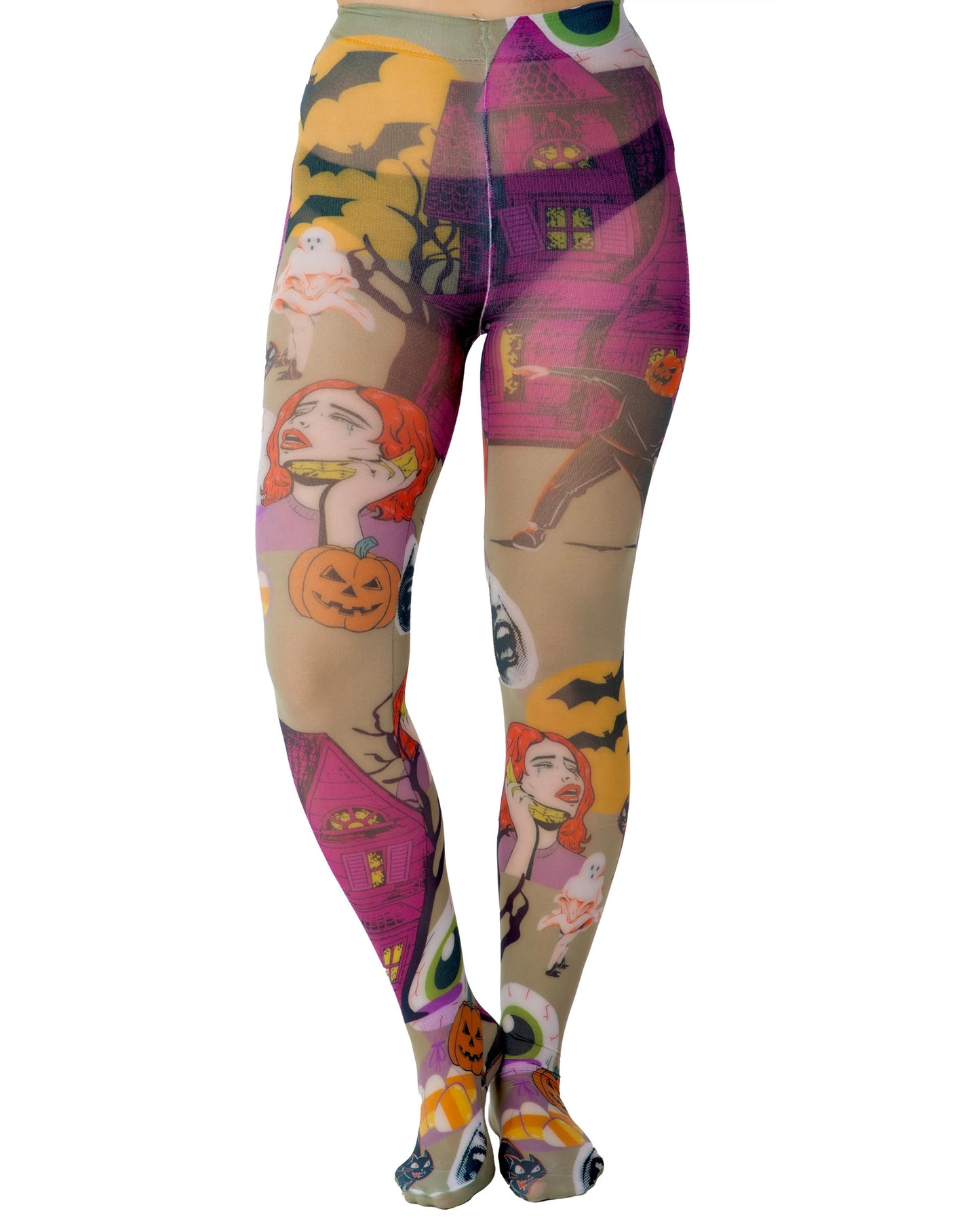 Pamela Mann Cartoon Chaos Printed Tights - White opaque tights with an all over colourful print of Halloween themed illustrations, including pumpkins, bats, cats, eye balls, haunted house etc.