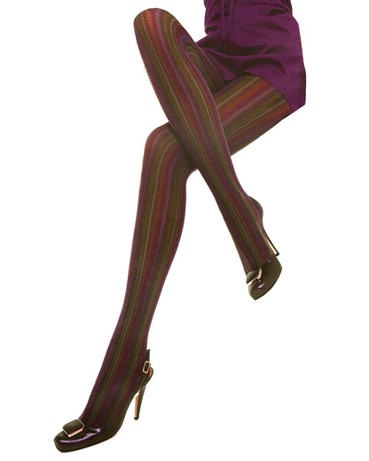 Silvia Grandi Melany Collant - Ultra opaque fashion tights with a horizontal chevron style stripe pattern in shades of purple and green.