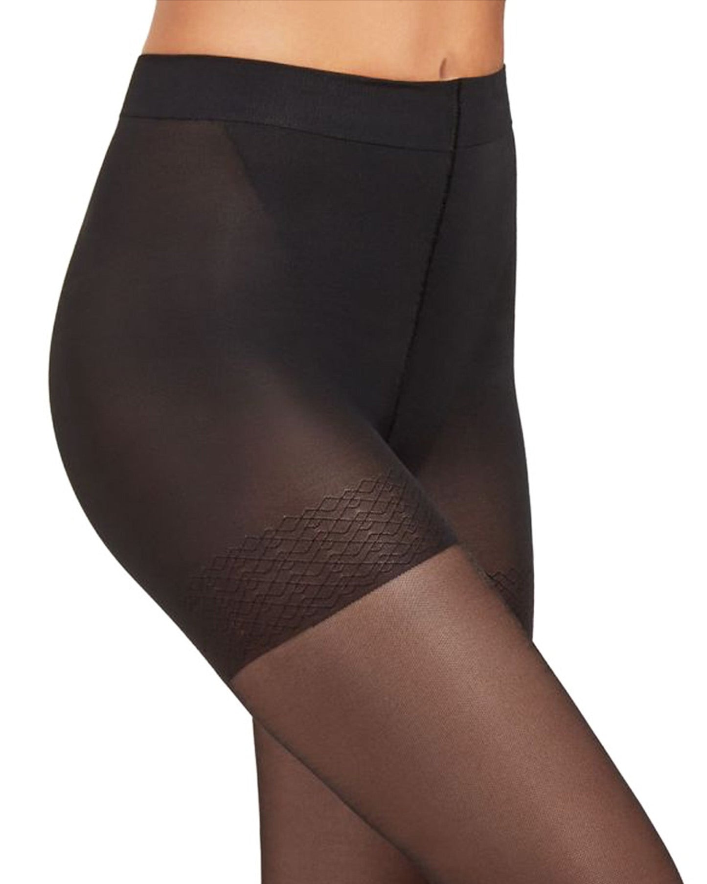 SiSi Benessere 70 Collant - Black semi-opaque medium graduated compression tights with a sheer honeycomb style finish, shaping and slimming boxer top, reinforced anatomic toe and heel. Detail top.